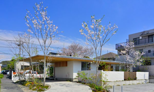 深い庇と車寄せのある平屋